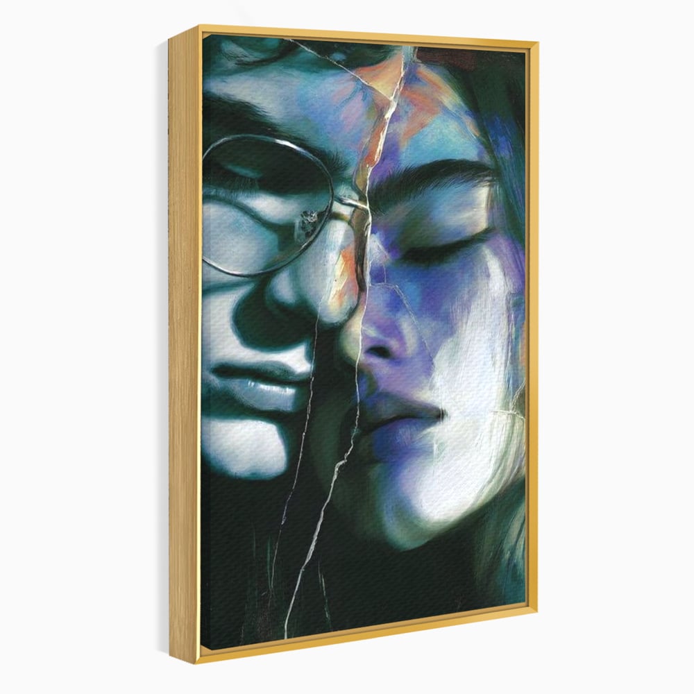 Tablou canvas cu tablou canvas cu chipuri despartite de cioburi, in rama de aluminiu auriu